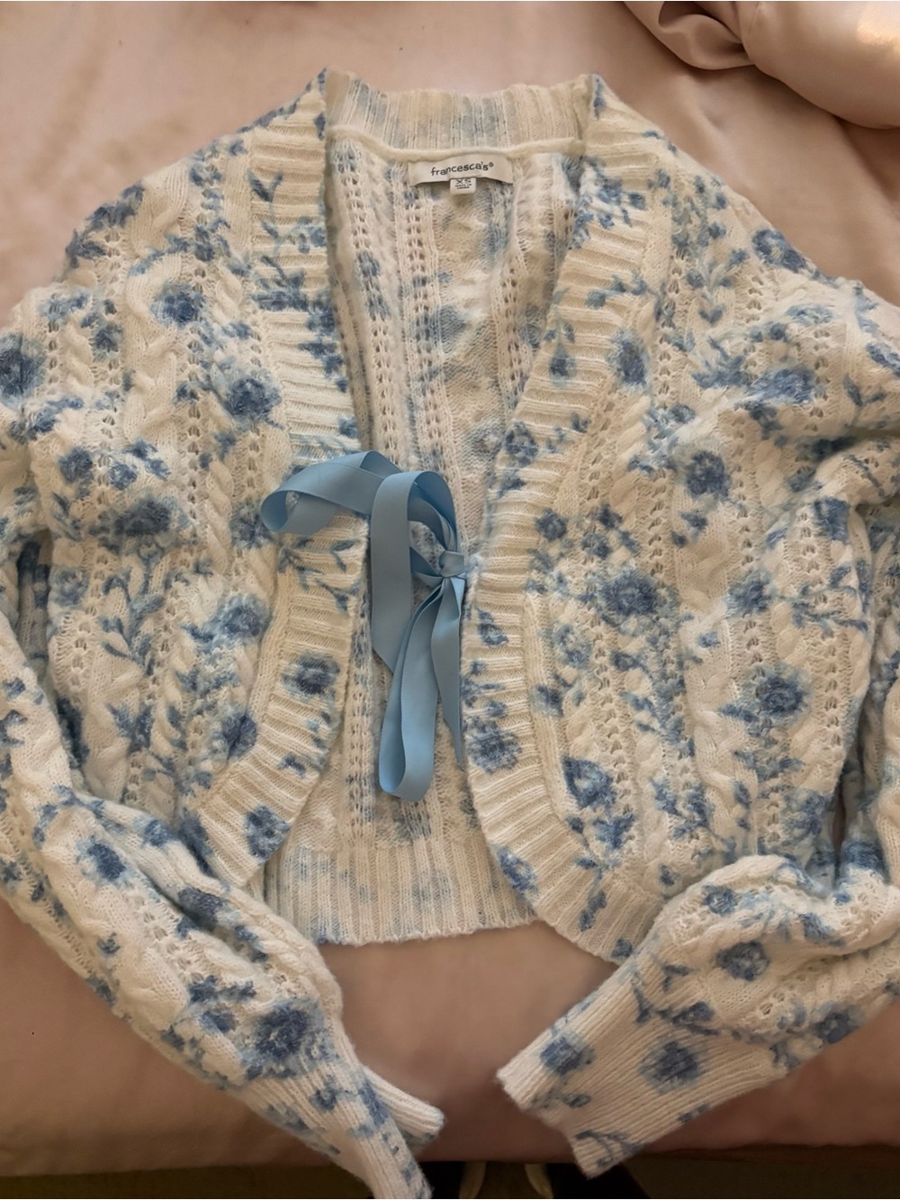 Francesca's Collections Cream and Blue Floral Knit Cardigan with Ribbon Tie